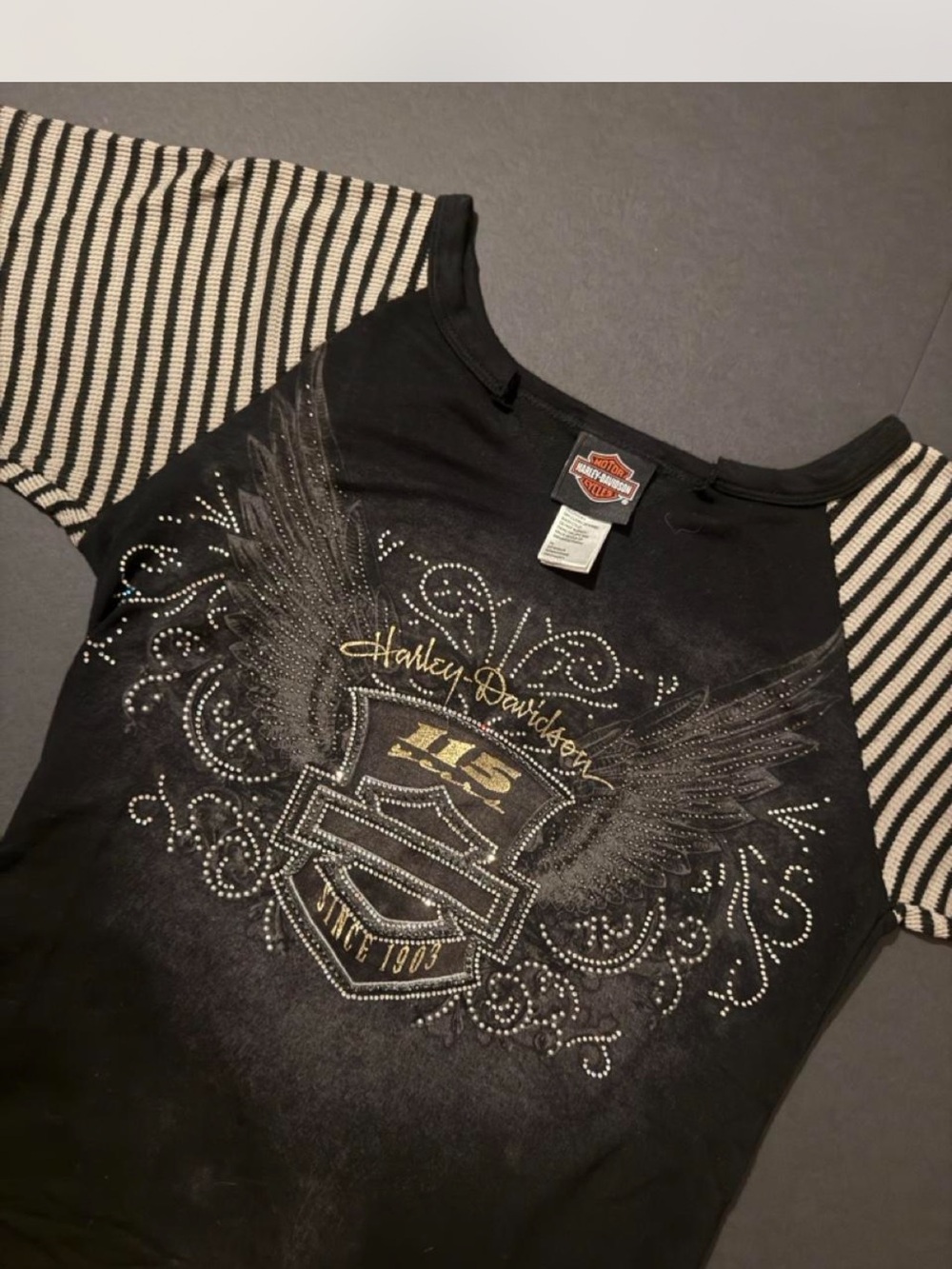 Harley-Davidson Black Tee with Gold Wing Graphic and Striped Sleeves